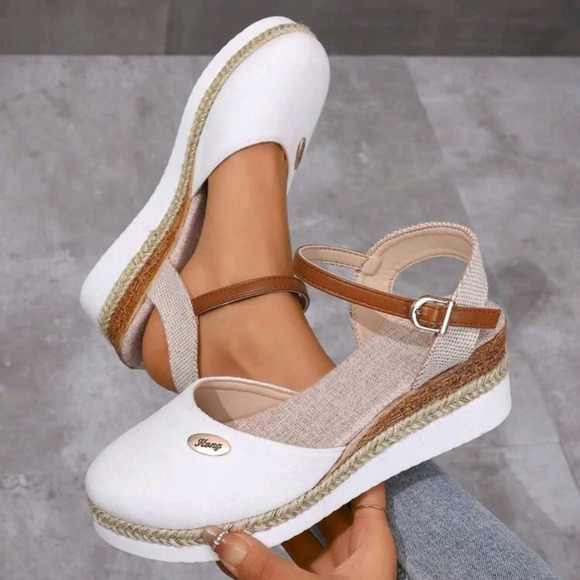 Shoes - Color Block Wedge Heels Lightweight Braided  Hollow Out Peep Toe Sandals